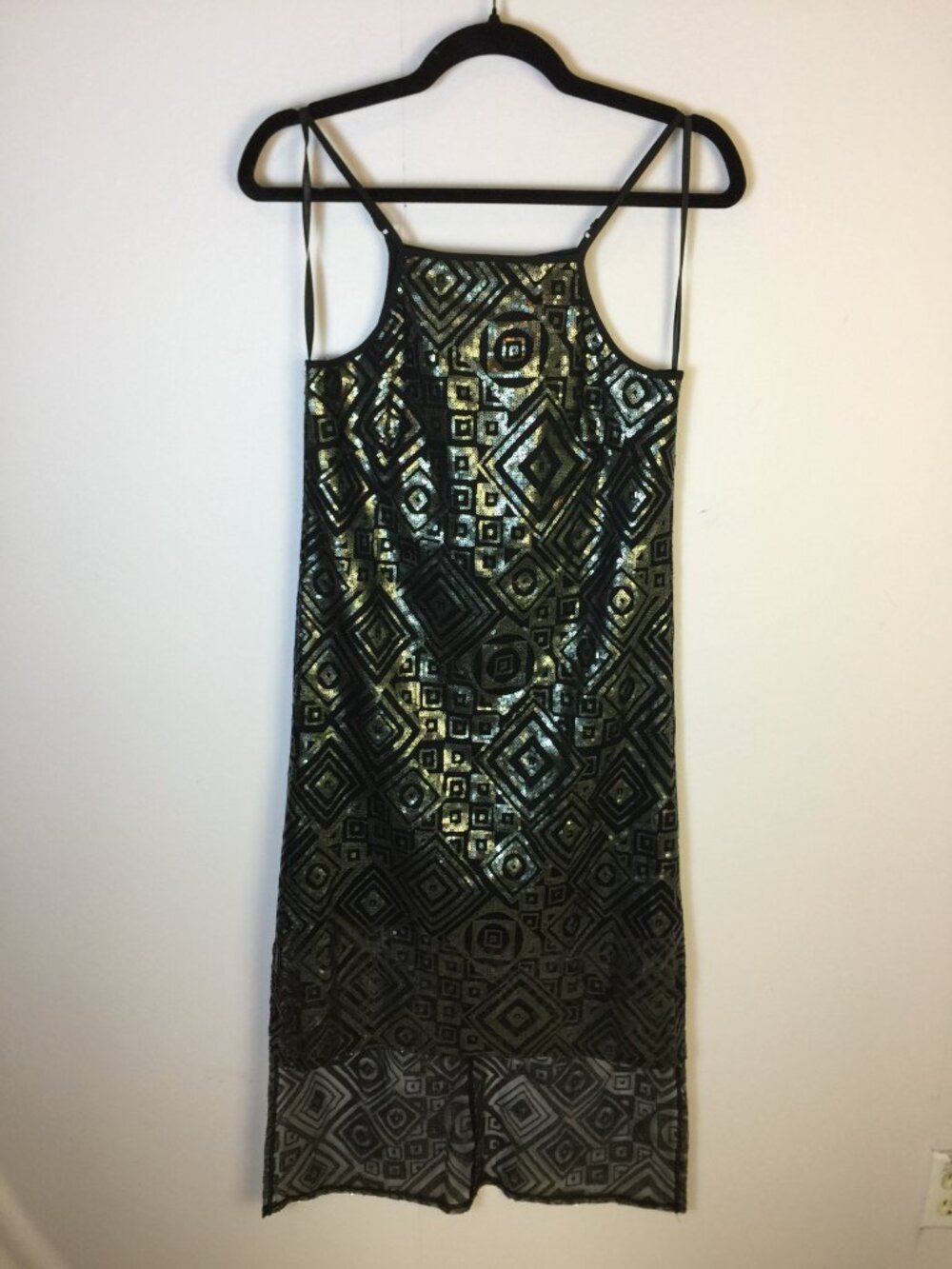 BCBGGeneration High-Low Dress XS Womans Black Geometric Sequin Spaghetti Straps